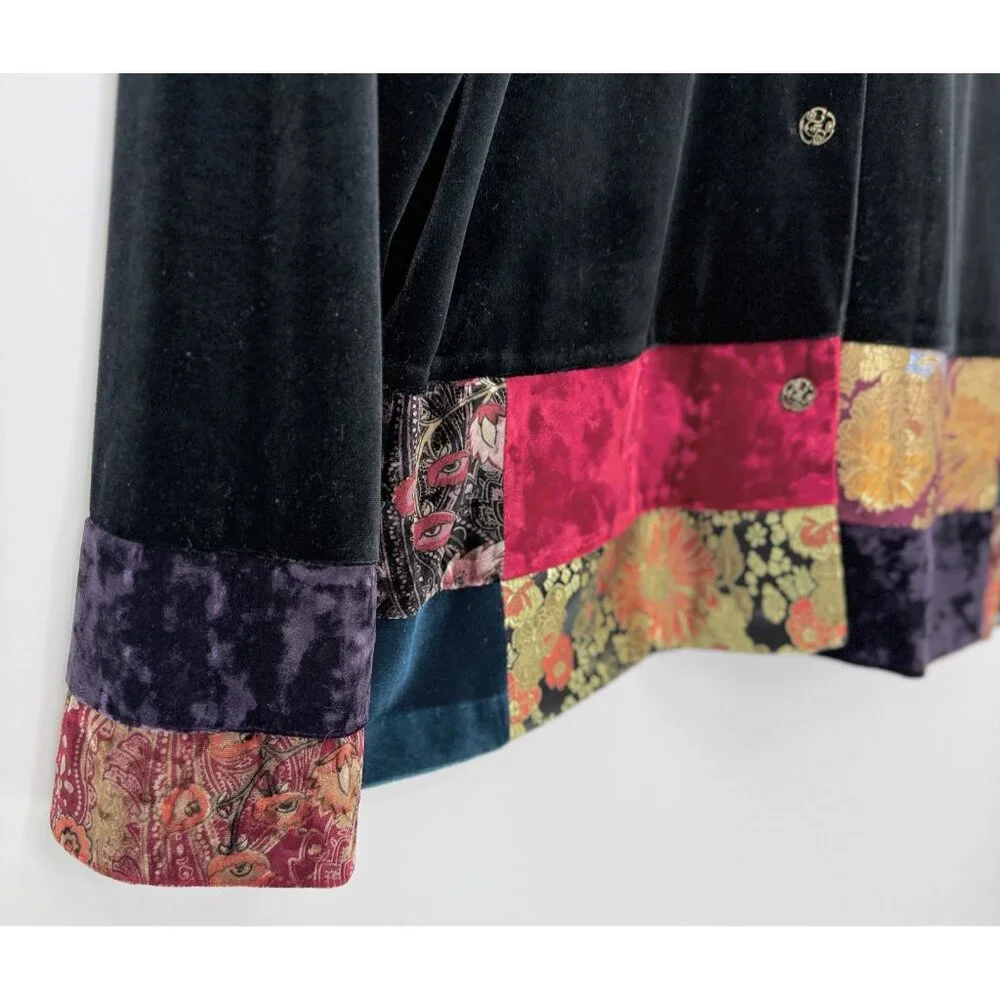 Notations‎ Black Velvet Patchwork Jacquard Bohemian Button Jacket L Art To Wear